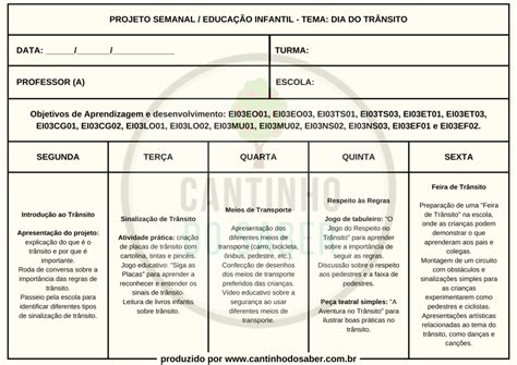 Projeto Trânsito Educação Infantil Bncc - PROJETO SEMANAL SOBRE O DIA DO TRÂNSITO DA EDUCAÇÃO INFANTIL ALINHADO ...