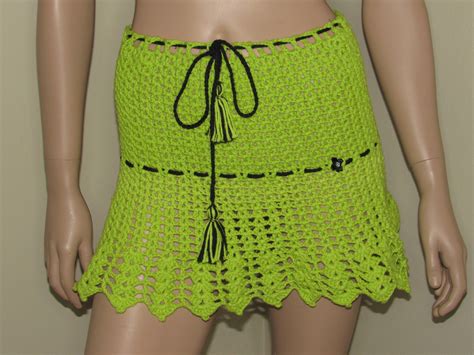 Crochet Lime Green Mini Skirt Drawstring Crochet Short Skirt Handmade