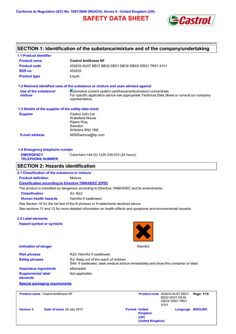Castrol Antifreeze NF MSDS Download