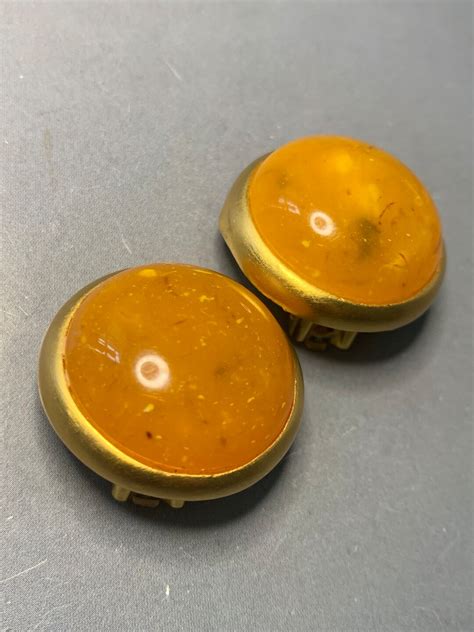 Lovely Vintage Butterscotch Resin Domed Cabochon Matte Gold Clip On