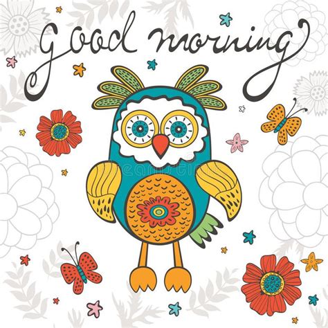 Good Morning Concept Card With Cute Owl Character Vector Illustration