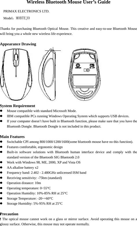 Primax Electronics Mmobtejo Bluetooth Mouse User Manual Mouse