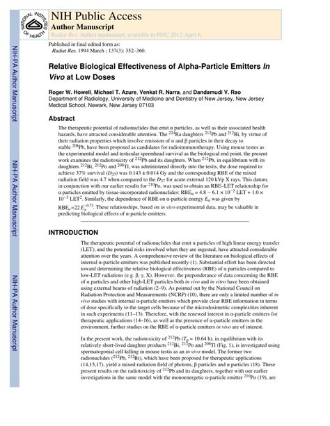 Pdf Relative Biological Effectiveness Of Alpha Particle Emitters In