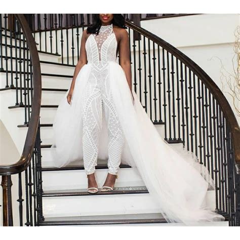 White Bridal Jumpsuit With A Long Detachable Train Prom Etsy