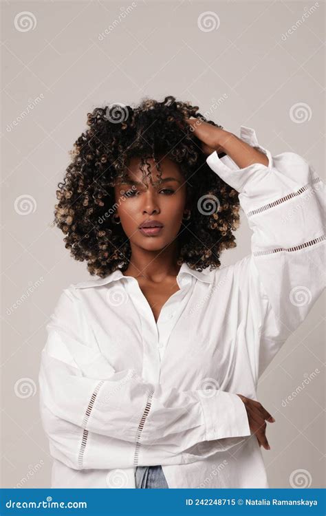 Vertical Beauty Portrait Of African American Young Woman With Curly