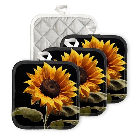 Bahomeck Pot Holder Pcs Sunflower With Leaves On Black Background Square Heat Resistant Hot