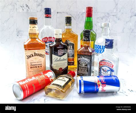 Choice Of Alcohol Bottles On A Marble Tile Background Famous Brands Of