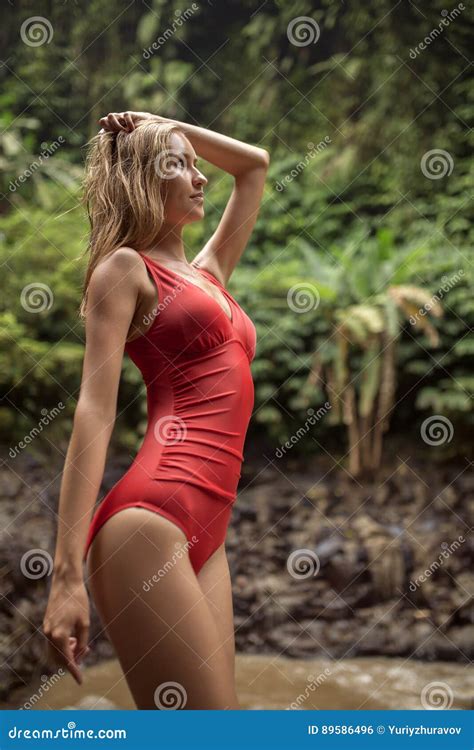 Mujer Hermosa En Bikini Y Cascada Rojos Foto De Archivo Imagen De Cubo Fondo