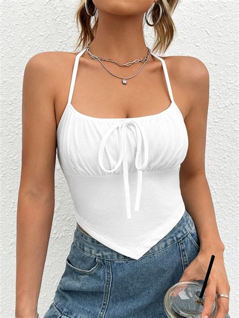 Shein Ezwear Ruched Bust Knot Front Bandana Hem Halter Top In