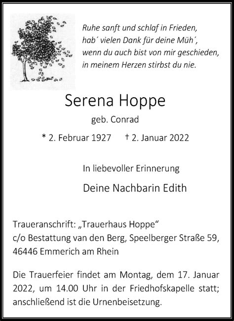 Traueranzeigen Von Serena Hoppe Trauer In NRW De