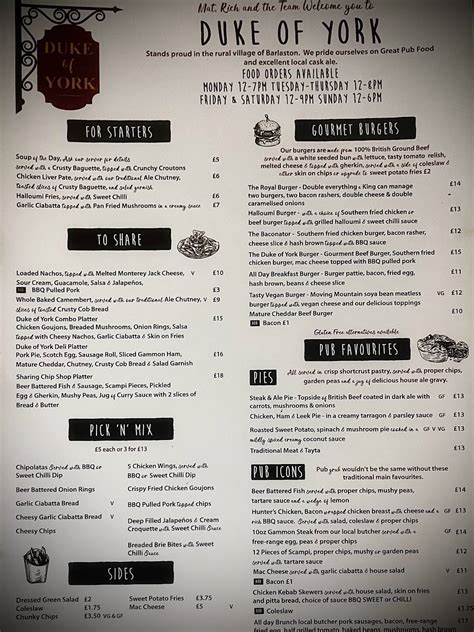 Menu at The Duke of York pub & bar, Stoke-on-Trent