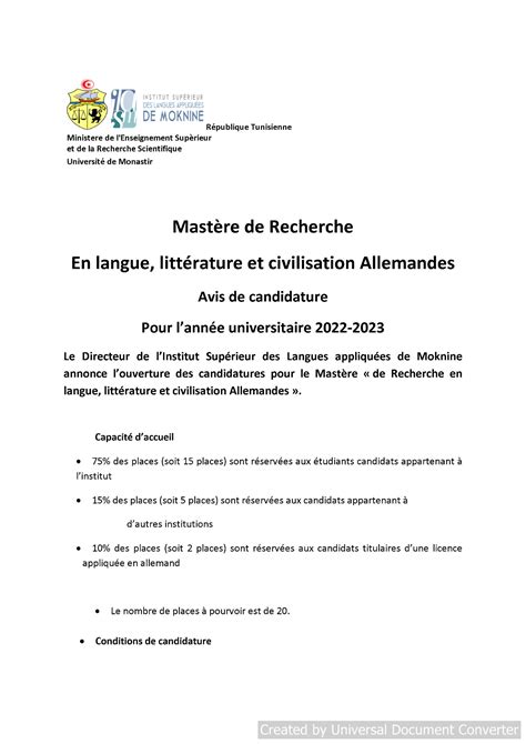 Candidature aux masters de lInstitut Supérieur des Langues Appliquées