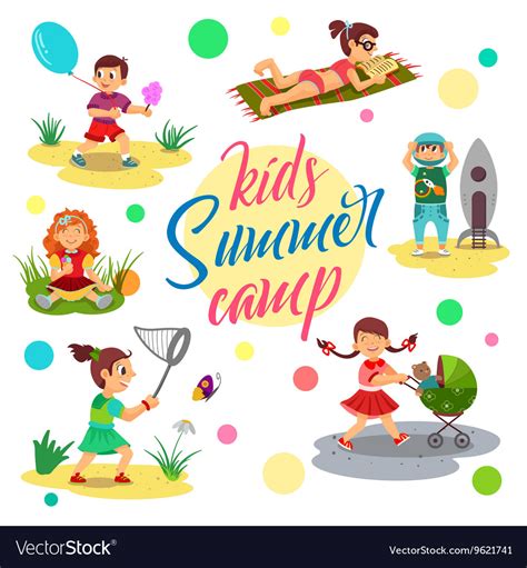 Kids summer camp cartoon children girl Royalty Free Vector