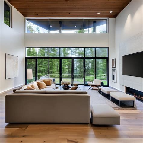 A Contemporary Open Concept Living Space With Vaulted Ceilings Floor To Ceiling Windows And