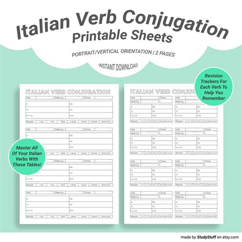 Italian Language Verb Conjugation Practice Worksheets Printable ...