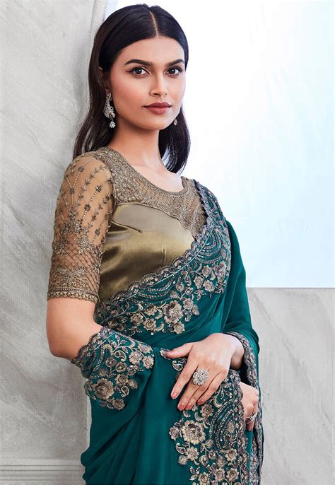 Buy Embroidered Border Satin Georgette Saree In Teal Blue Online