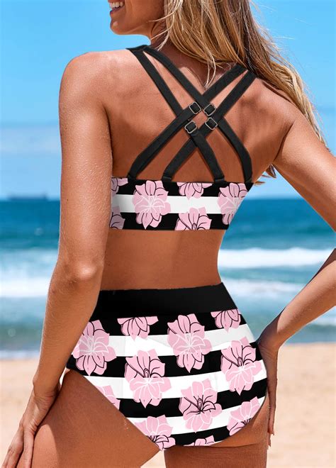 Criss Cross Mid Waisted Striped Black Bikini Set Modlily Usd