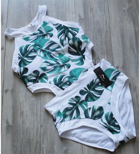 Women High Neck One Piece Monokini Swimsuit Leaves Print Cut Out Swimwear High Waist Bikini