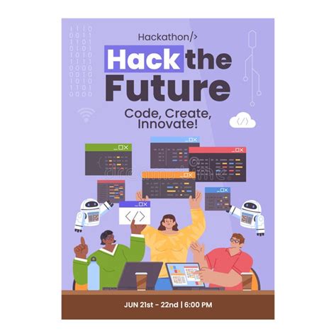 hackathon hand drawn flat geek poster stock vector illustration