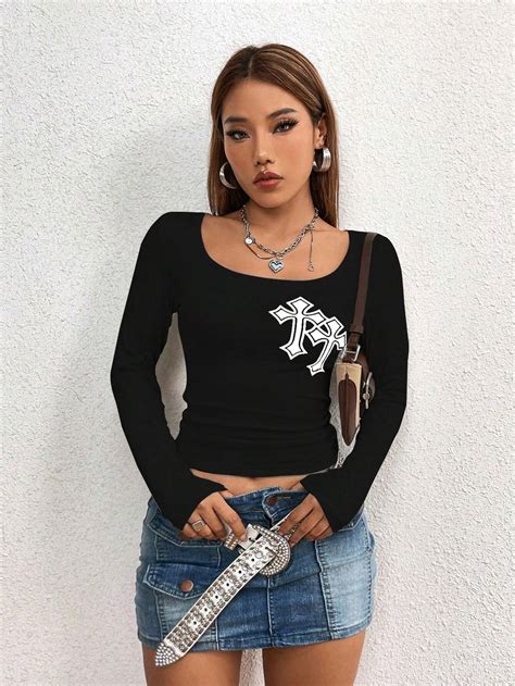 Womens Goth Low Cut Sexy Cross Print T Shirt Shein Usa