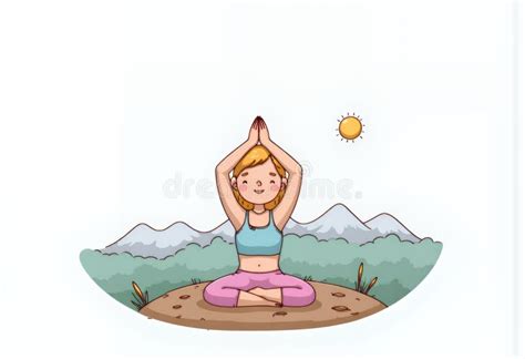 Cheerful Blonde Chibi Yoga Character In Korean Cartoon Style Peaceful Mountain Landscape