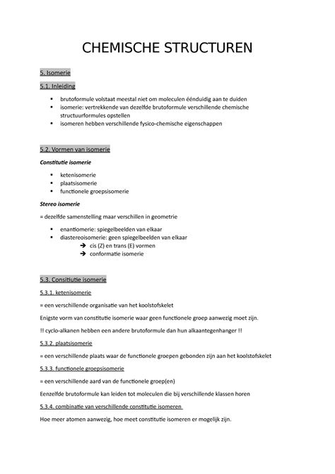 Samenvatting Chemische Structuren Chemische Structuren Isomerie