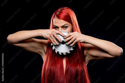 Portrait Of Beautiful Girl With Circular Saw Blade Bretty Naked Woman Long Red Hair Nude Body