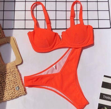 2 Piece Neon Orange Bikini Swimsuit Women S Fashion Swimwear Bikinis Swimsuits On Carousell