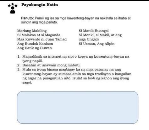 Payabungin Natin Panuto Pumili Ng Isa Sa Mga Kuwentong Bayan Na