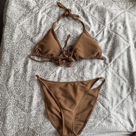 Shein Brown Rib Cut Out Bikini UK Size 12 14 Depop