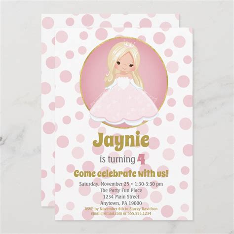 Blonde Pink Princess Girls Birthday Invitation Zazzle