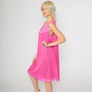 Vintage Hot Pink Nightgown 80s Floral Embroidered Midi Slip Lounge Dress Sleeveless Knee Length