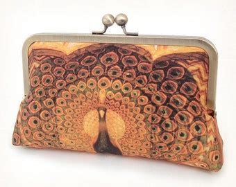 Gold Peacock Feather Clutch Bag Silk Purse With Chain Handle Etsy