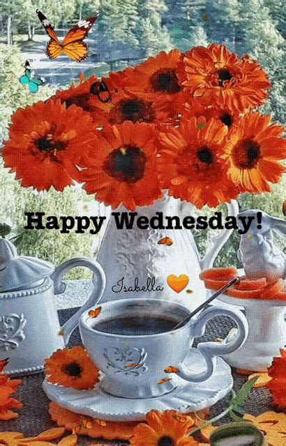 Good Morning Happy Wednesday Red Orange Flowers Coffee Butterfly GIF | GIFDB.com