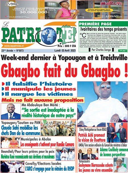 Titrologie De Le Patriote N Du Lundi Avril Abidjan Net