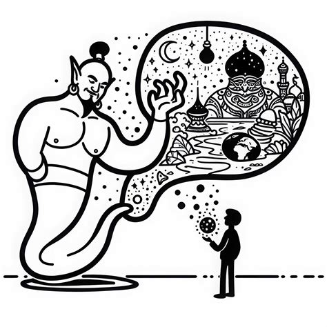 Gênio da lâmpada mostra a uma pessoa uma visão de um mundo fantástico