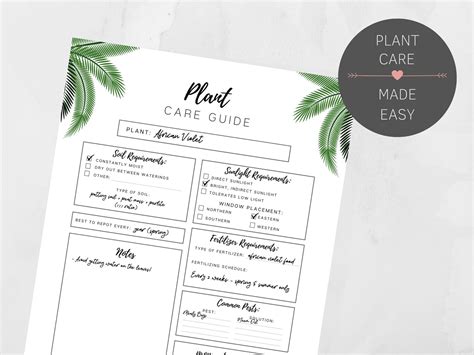 Plant Care Guide Printable Plant Care Sheet Big Happy Etsy