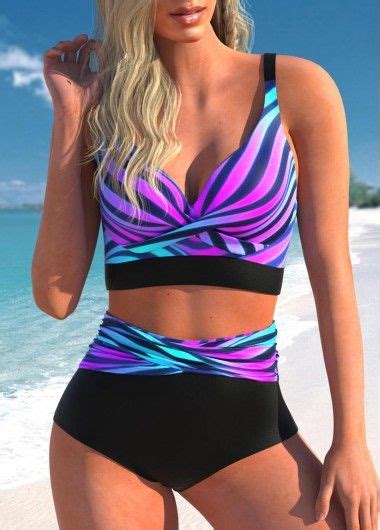 Multicolor Striped Bikini Set Rotita Printed Wide Strap Tie Back Bikini