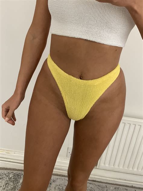 High Cut Tanning Thong Bikini Brief In Yellow Crinkle Etsy