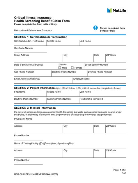 Fillable Online Metlife Critical Illness Health Screening Claim Form