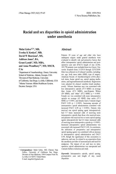 Racial And Sex Disparities In Opioid Administration Under Anesthesia Nova Science Publishers