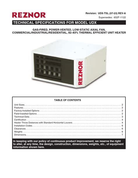 REZNOR RZUDX300 UDX Gas Fired Vented Fan Heater Instruction Manual