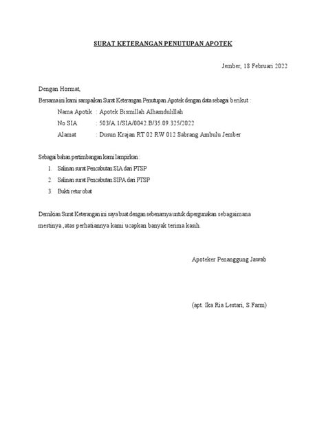 Surat Keterangan Penutupan Apotek Pdf