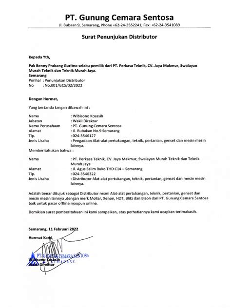 surat penunjukan distributor perkasa