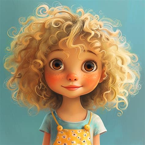 Cute Cartoon Girl With Blonde Curly Hair Smiling Premium AI Generated