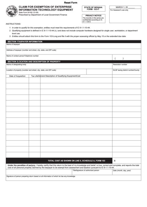 Fillable Form 103 It Claim For Exemption Of Enterprise Information