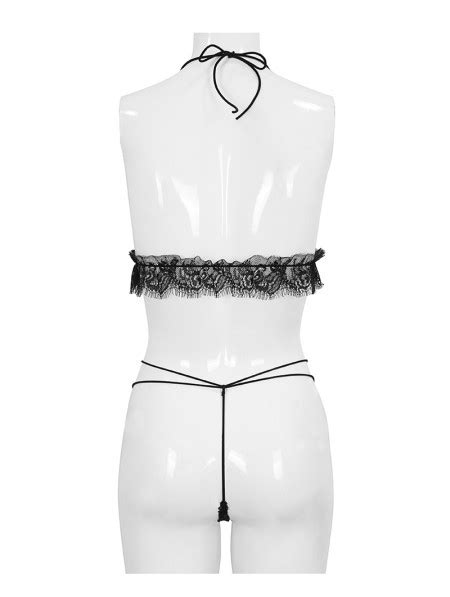 Devil Fashion Black Gothic Lace Halter Two Piece Sexy Lingerie Set Darkincloset