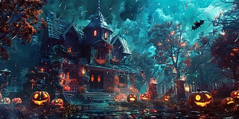 Spooky Halloween Night With Pumpkins Witch And Haunted House Background