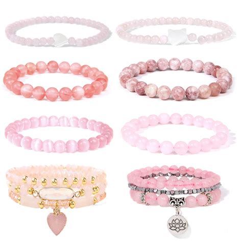 Fashion Pink Rose Quartzs Beads Bracelets Natural Stone Cat Eye