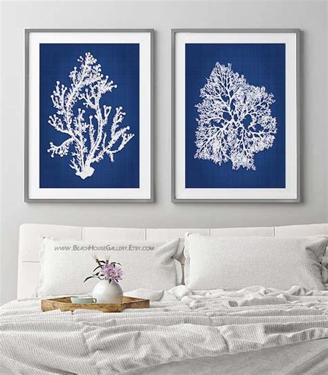 Blue Coral Wall Art Navy Blue Coral Print Navy White Wall - Etsy